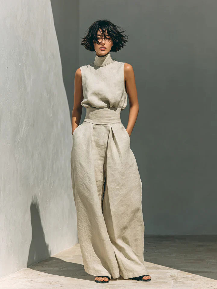 Flor™ | Conjunto Minimalista de Blusa de Tirantes y Pantalón de Pierna Ancha en Algodón y Lino para Mujer