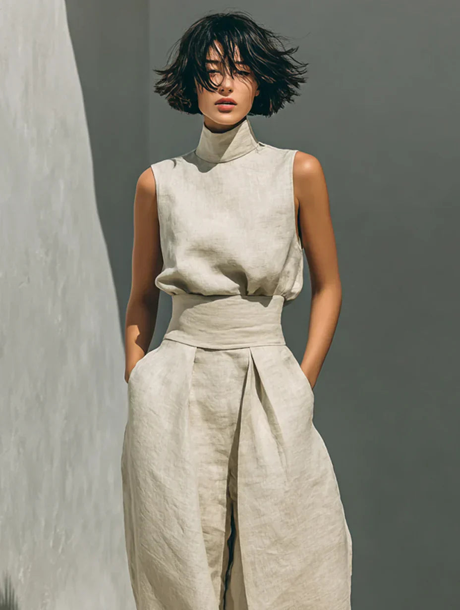 Flor™ | Conjunto Minimalista de Blusa de Tirantes y Pantalón de Pierna Ancha en Algodón y Lino para Mujer