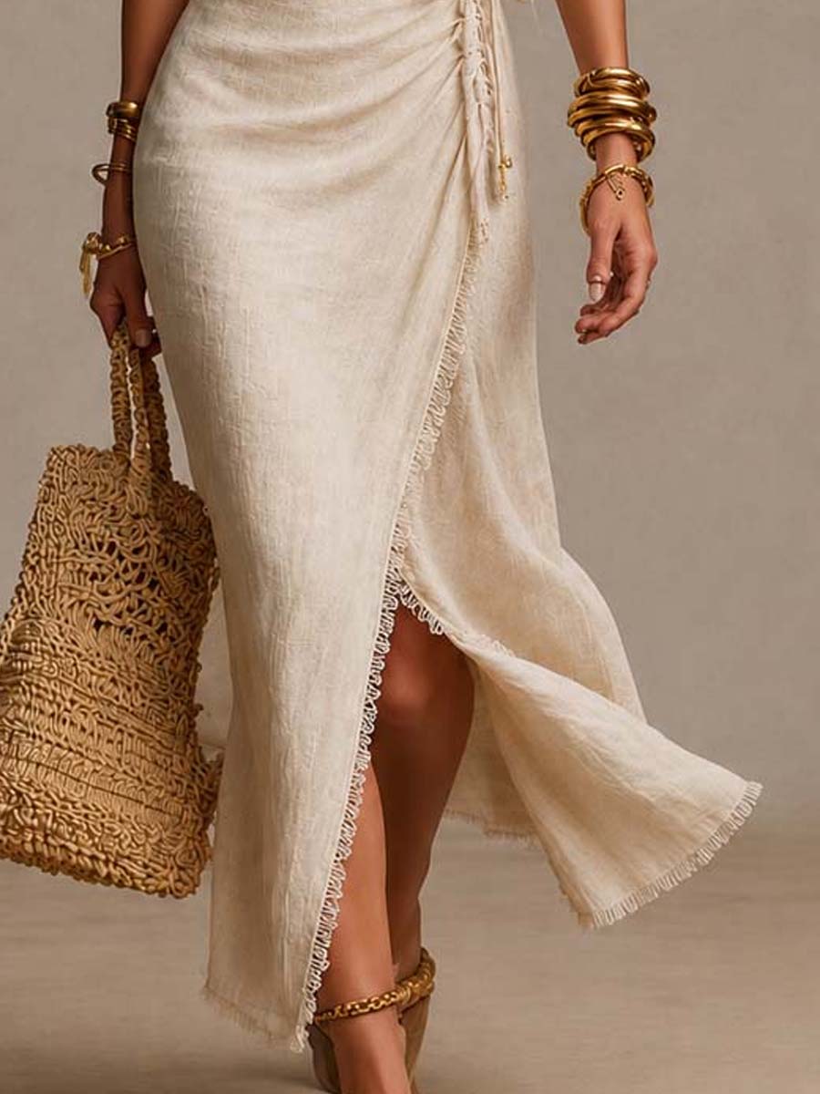 Tess™ | Vestido midi de lino natural con diseño cruzado, volantes y ribete de encaje