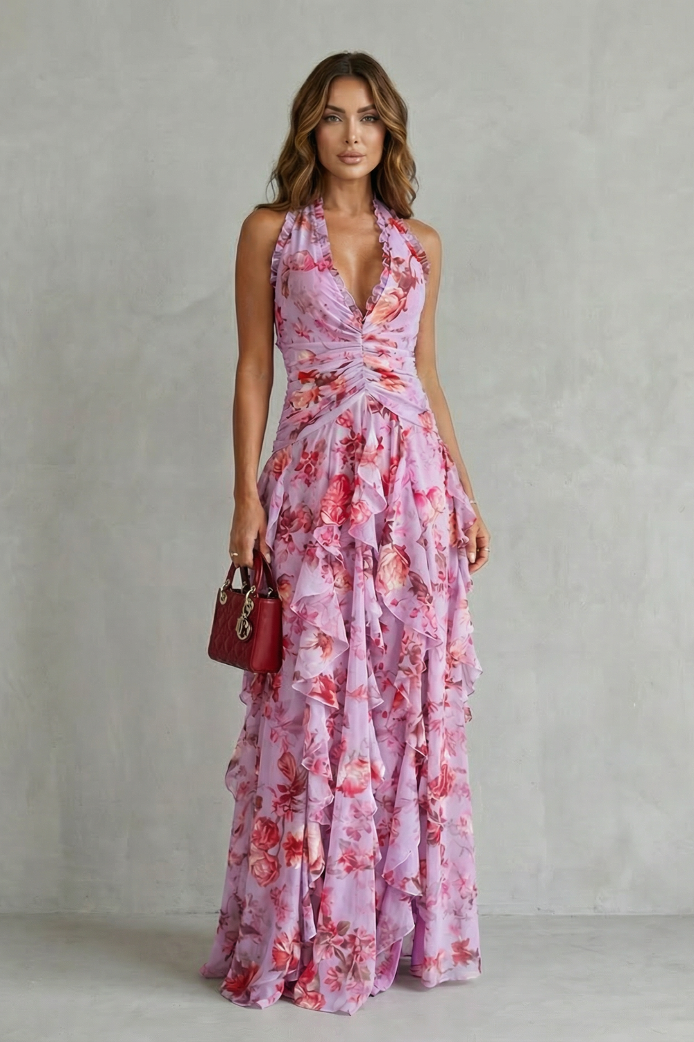 Belladina | Romántica Cascada de Rosas — Vestido Largo con Escote Halter