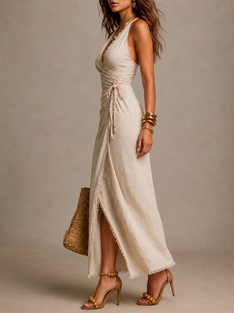 Tess™ | Vestido midi de lino natural con diseño cruzado, volantes y ribete de encaje