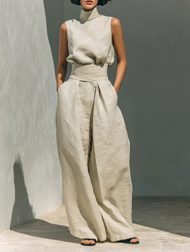 Flor™ | Conjunto Minimalista de Blusa de Tirantes y Pantalón de Pierna Ancha en Algodón y Lino para Mujer