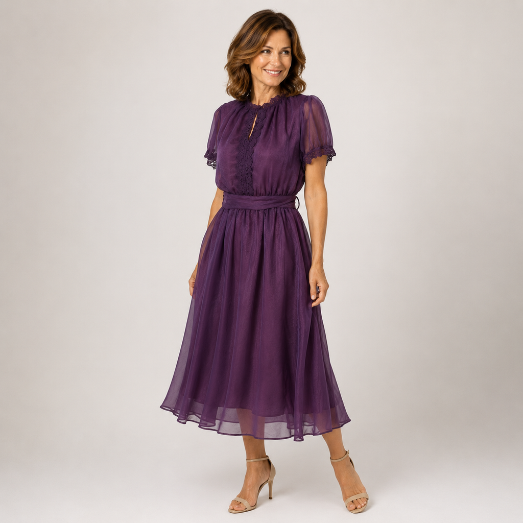 Flavia | Vestido Maxi con Escote de Gota y Encaje de Chifón