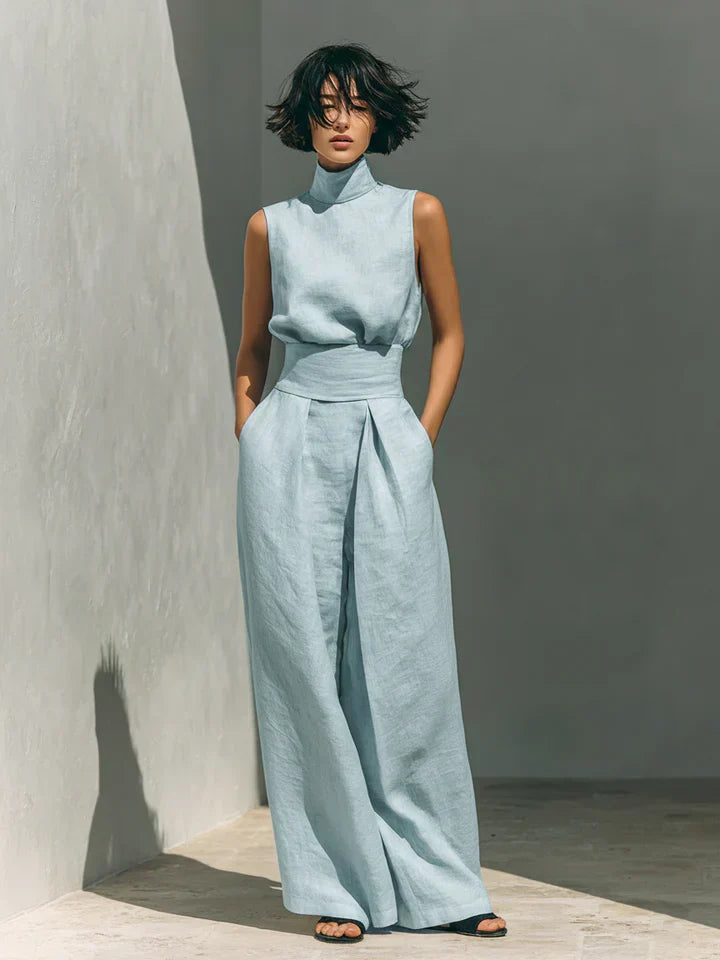 Flor™ | Conjunto Minimalista de Blusa de Tirantes y Pantalón de Pierna Ancha en Algodón y Lino para Mujer