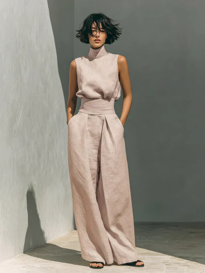 Flor™ | Conjunto Minimalista de Blusa de Tirantes y Pantalón de Pierna Ancha en Algodón y Lino para Mujer