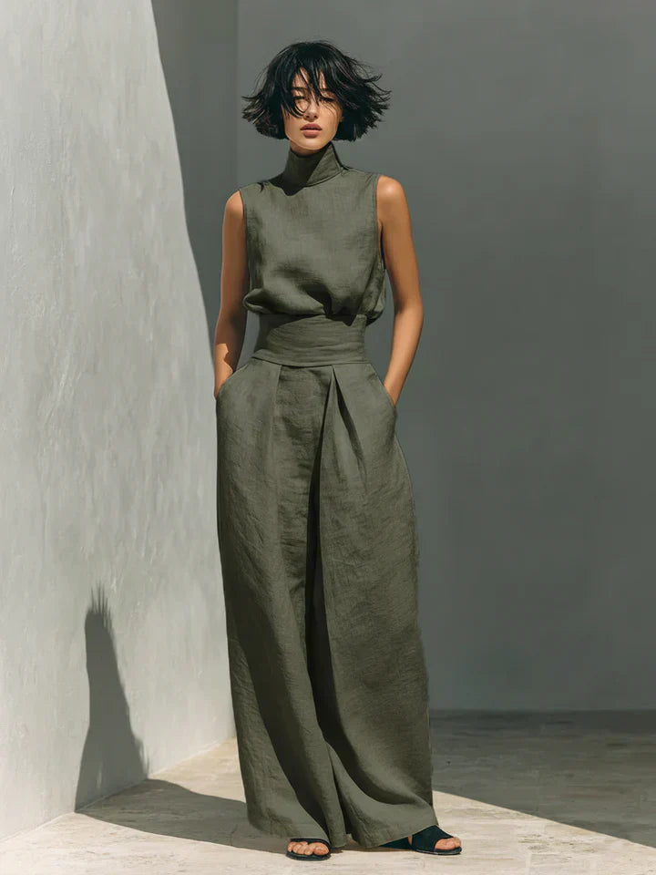 Flor™ | Conjunto Minimalista de Blusa de Tirantes y Pantalón de Pierna Ancha en Algodón y Lino para Mujer