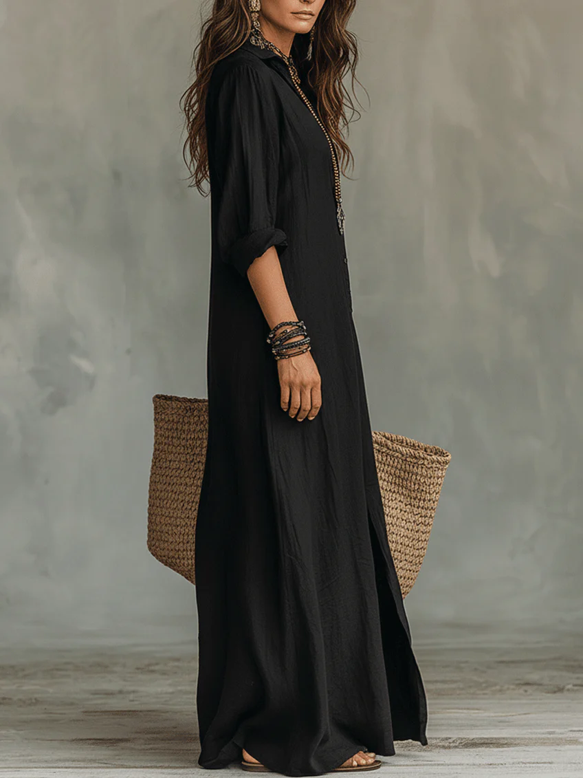 Soline | Vestido Largo Negro Holgado con Botones