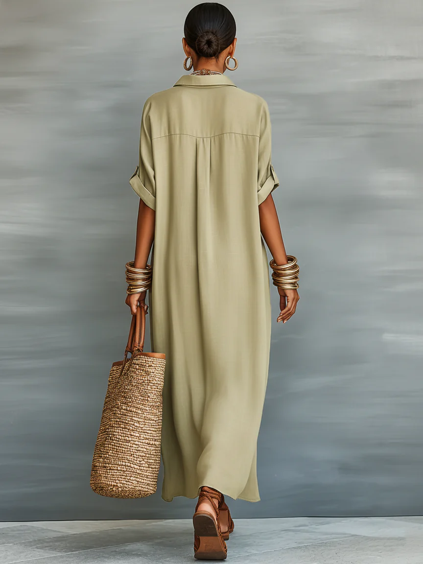 Manelle | Vestido Largo Verde Olivo de Líneas Minimalistas