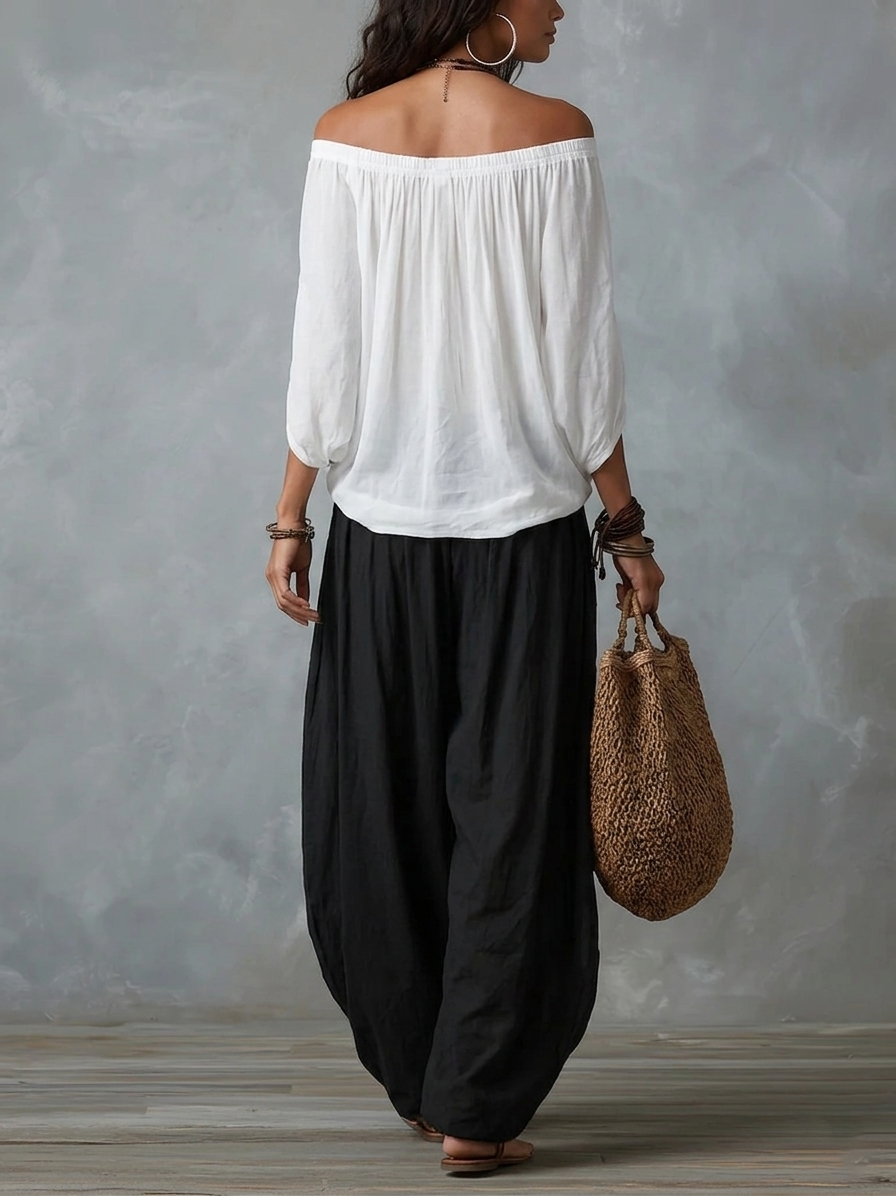 Conjunto de Top Blanco Off-Shoulder y Pantalón Acampanado Estilo Linterna