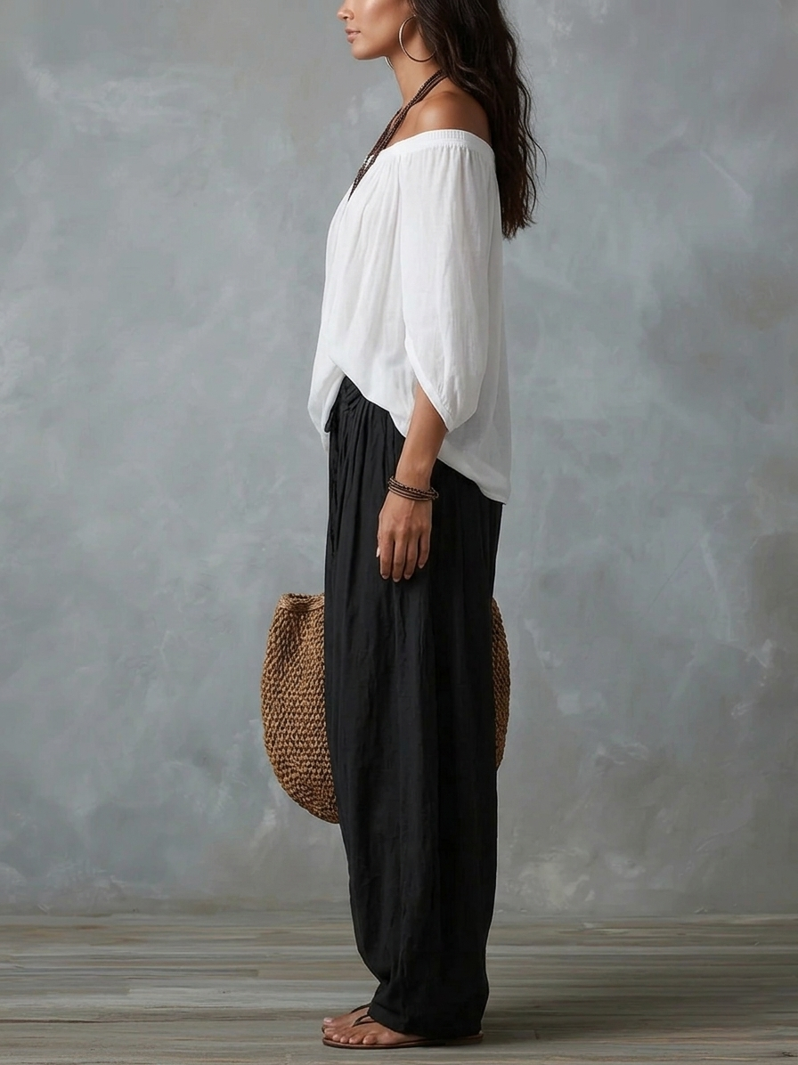 Conjunto de Top Blanco Off-Shoulder y Pantalón Acampanado Estilo Linterna