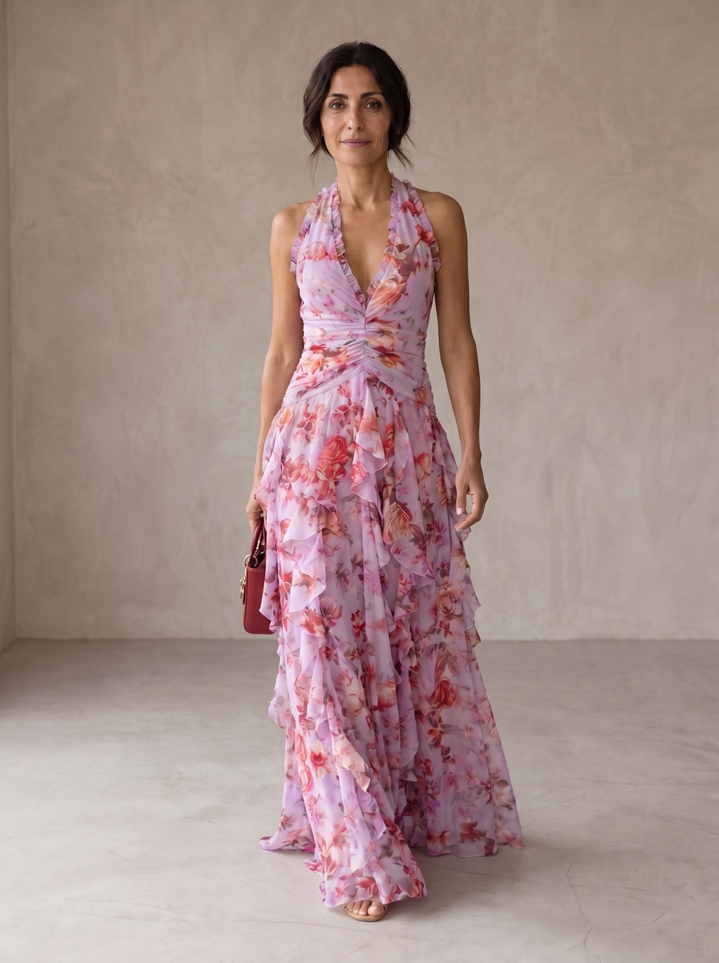 Belladina | Romántica Cascada de Rosas — Vestido Largo con Escote Halter