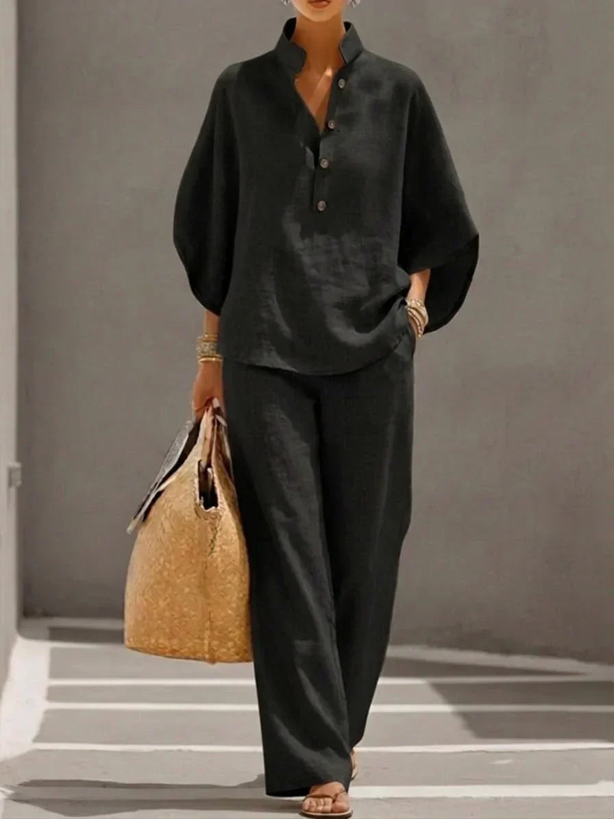Maribel™ | Conjunto de Lino con Mangas Murciélago y Pantalón Amplio