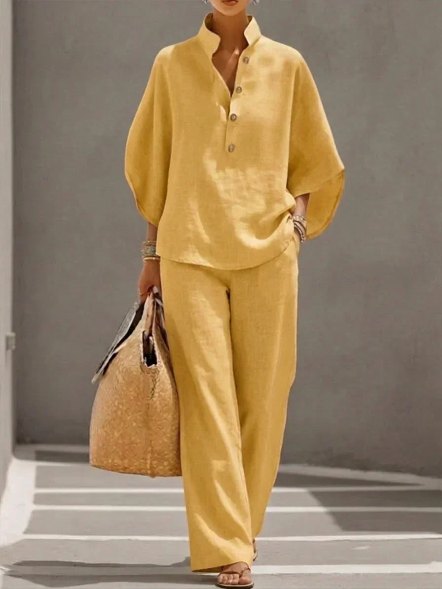 Maribel™ | Conjunto de Lino con Mangas Murciélago y Pantalón Amplio
