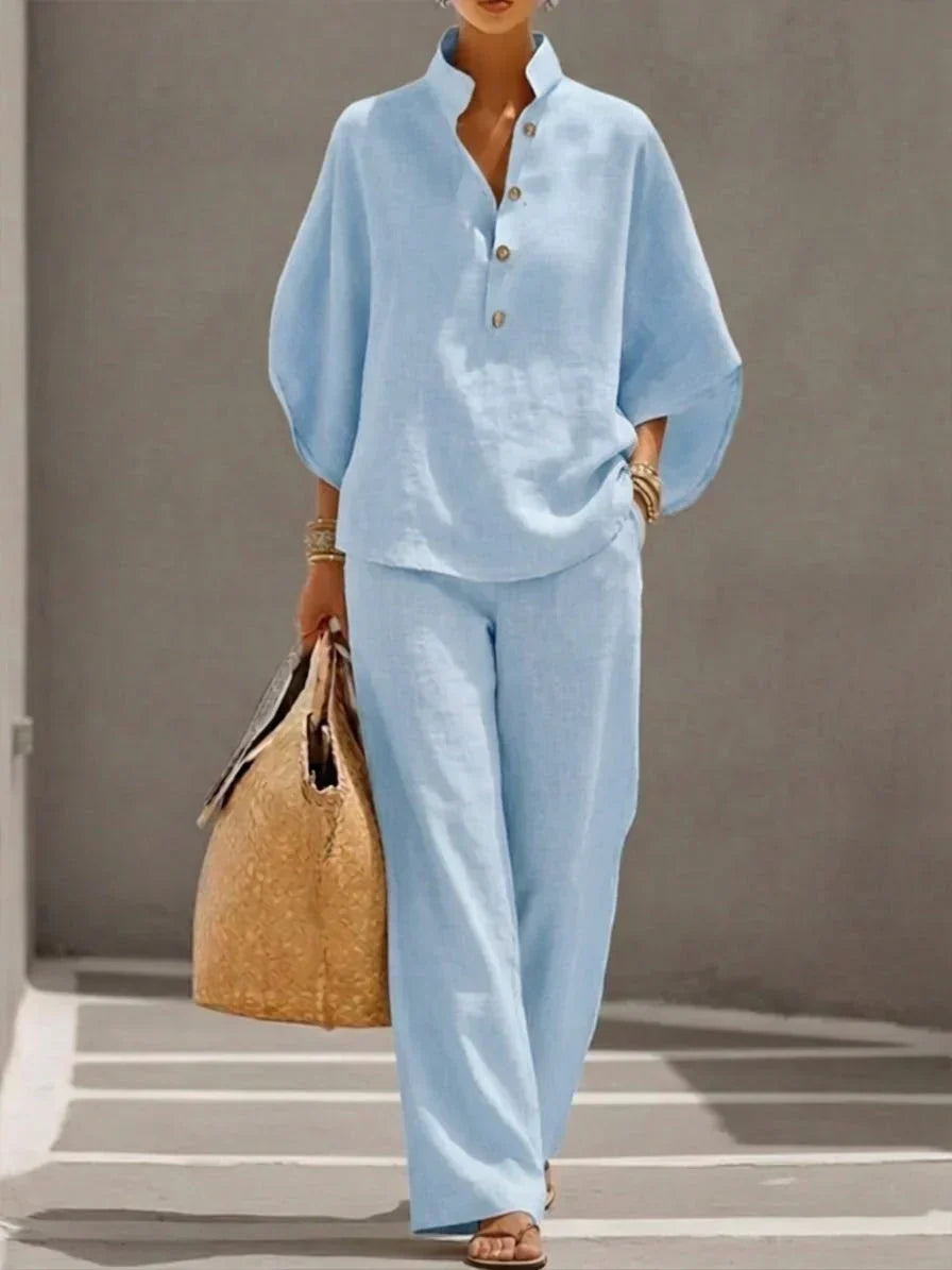 Maribel™ | Conjunto de Lino con Mangas Murciélago y Pantalón Amplio