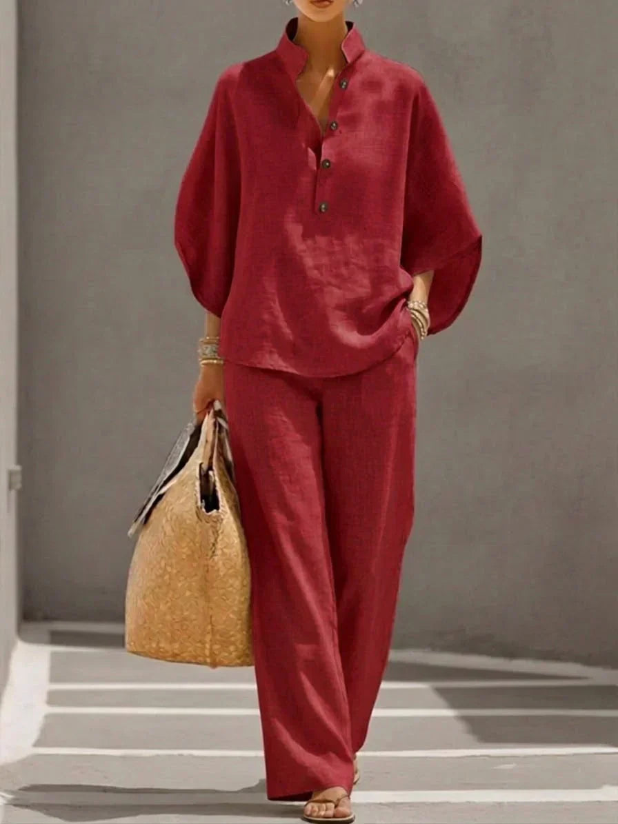 Maribel™ | Conjunto de Lino con Mangas Murciélago y Pantalón Amplio