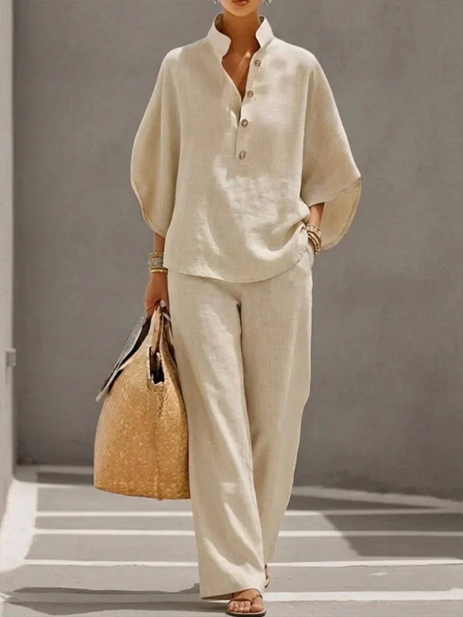 Maribel™ | Conjunto de Lino con Mangas Murciélago y Pantalón Amplio