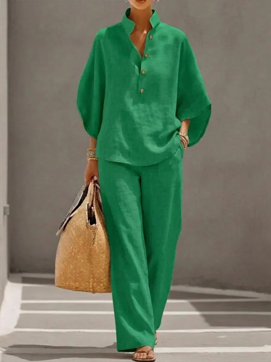 Maribel™ | Conjunto de Lino con Mangas Murciélago y Pantalón Amplio